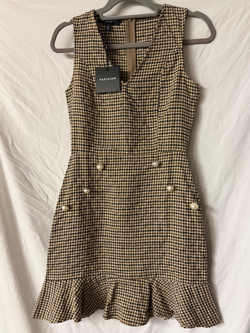 Parisian Works Black & Tan Gingham Ruffle Sheath Dress